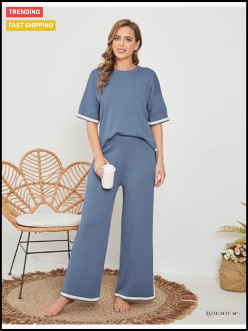 Short Sleeve Knit Pullover Top Wide Leg Pants Lounge Set - Picture 3 of 7